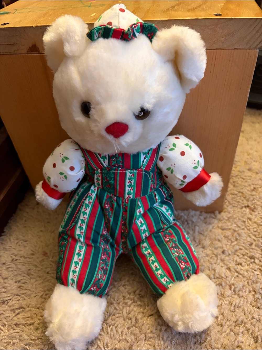 Vintage Plush White Holiday Bear in Green & Red Striped Outfit Christmas Decor